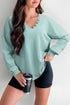 Mineral Wash Snap Trim V Neck Exposed Seam Drop Shoulder Curved Hem Long Sleeve Top